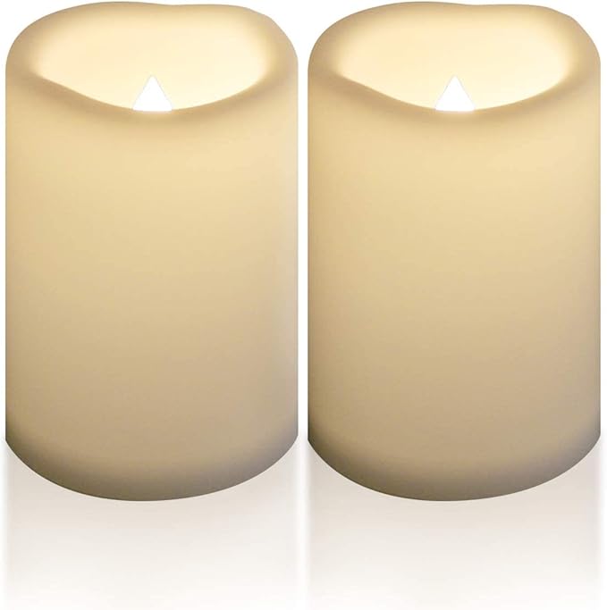 CANDLE CHOICE Waterproof Outdoor Battery Operated Flameless Candles with Timer Large Plastic Resin Bright Flickering Electric LED Pillars Lantern Garden Wedding Christmas Decorations 4”(D)x6”(H) 2 PCS