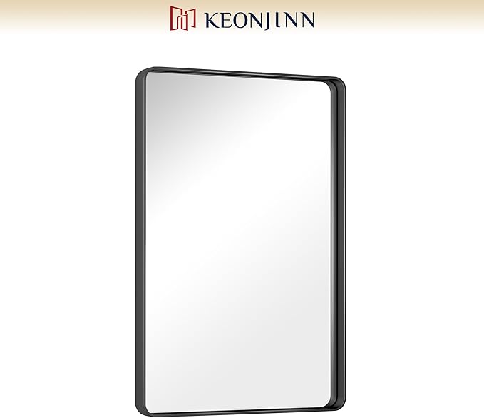 Keonjinn Black Bathroom Mirror for Vanity 24 x 36 Inch Metal Framed Wall Mirror Matte Black Rounded Rectangle Farmhouse Mirror, HD Tempered Glass, Wall-Mounted Decorative Mirrors(Horizontal/Vertical)