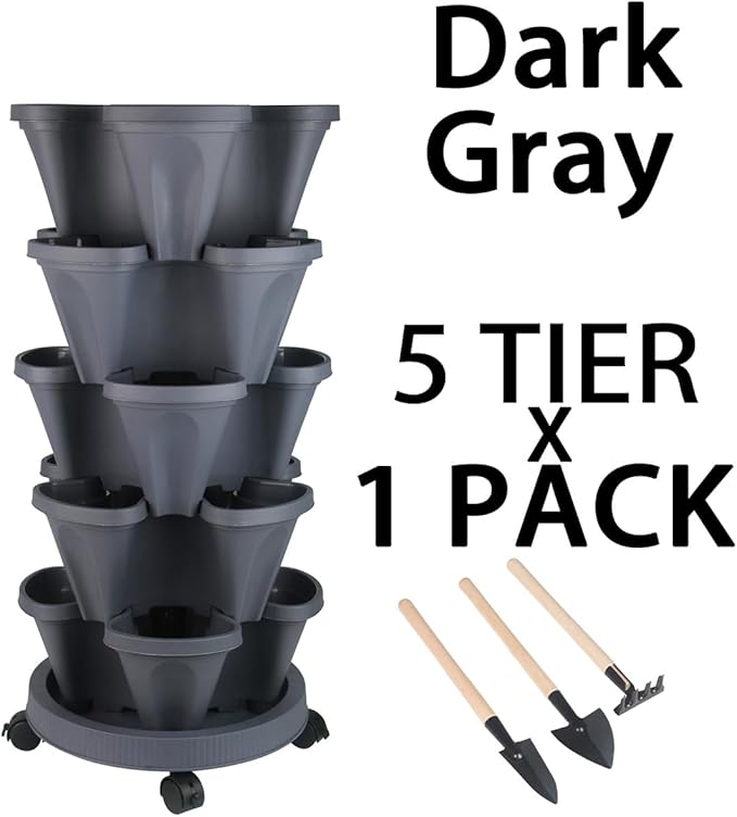 Vertical Planter 5 Tier Stackable Planters Garden Planters Strawberry Herb Flower and Vegetable Planter Indoor Outdoor Gardening Pots with Removable Wheels and Tools