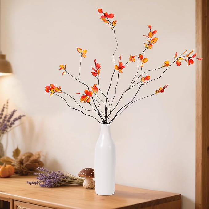 5Pcs Fall Stems Artificial Ficus Branches with Vases,Fall Faux Eucalyptus Stems in Flower Vase,Yellow Fake Plant leaves for Thanksgiving Autumn Home Bedroom Decor Centerpiece Table Decoration