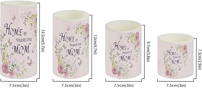 Mother's Day Decor Flameless Light Candles 4 PC, Home Is Where The Mom Is, Battery Operated Candles with Colorful Light Timer Remote Control Fake Tealights Home Ornaments, Pink Rose Butterfly