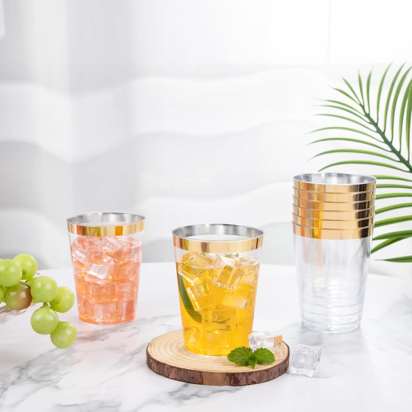 I00000 100PCS Gold Plastic Cups,10 oz Clear Plastic Cups with Gold Trim, Beer Mugs,Disposable Hard Cup For Party, Premium Cup Perfect for Wedding & Party