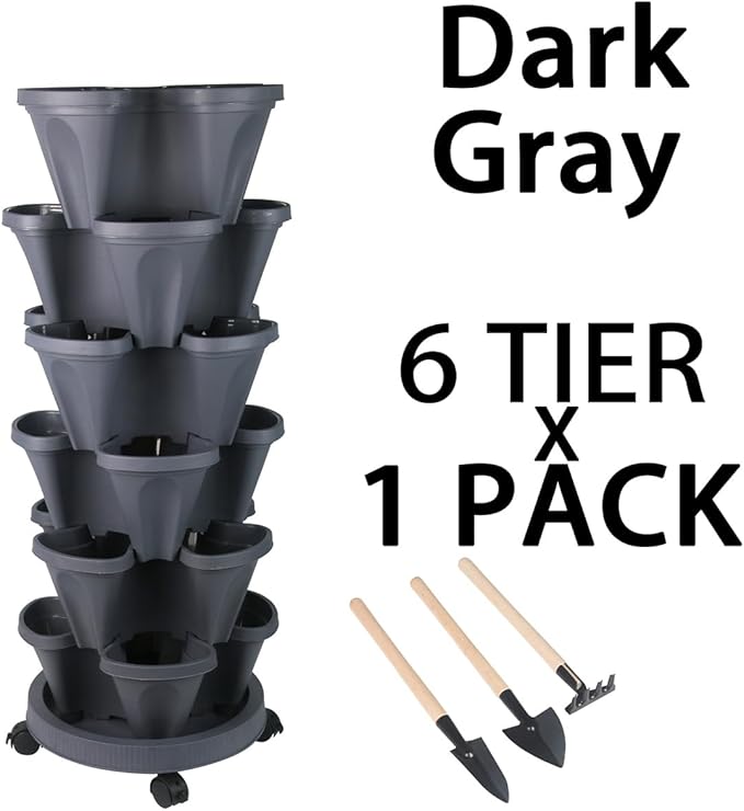 Vertical Planter 6 Tier Stackable Planters Garden Planters Strawberry Herb Flower and Vegetable Planter Indoor Outdoor Gardening Pots with Removable Wheels and Tools