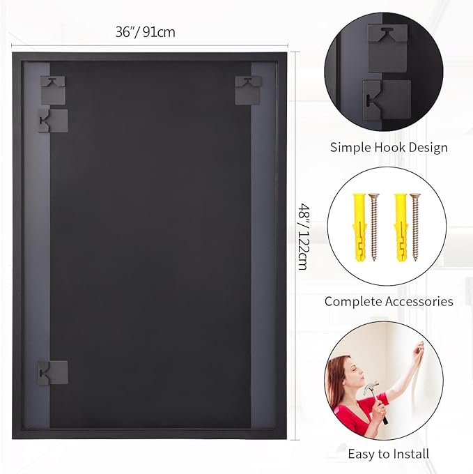 Koonmi Black Mirrors for Wall, 36x48 Inch Bathroom Mirror, Rectangular Wall Mirror for Living Room Bedroom Bathroom, Hangs Horizontally or Vertically
