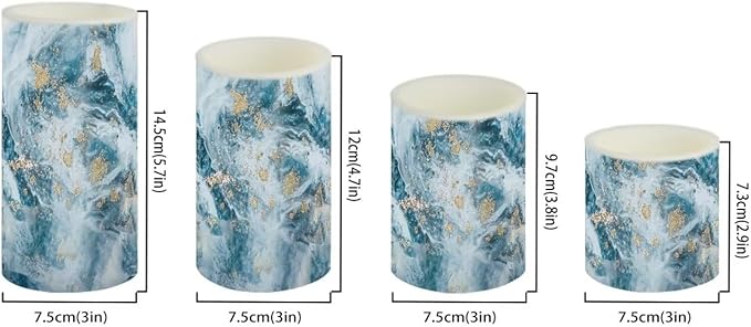 Flameless LED Battery Candles Pack of 4 Waterproof Pillar Candles Tealights with 18-Key Timer Remote Colorful Lights for Indoor Outdoor Home Outdoor Wedding Decor, Blue Gold Marble