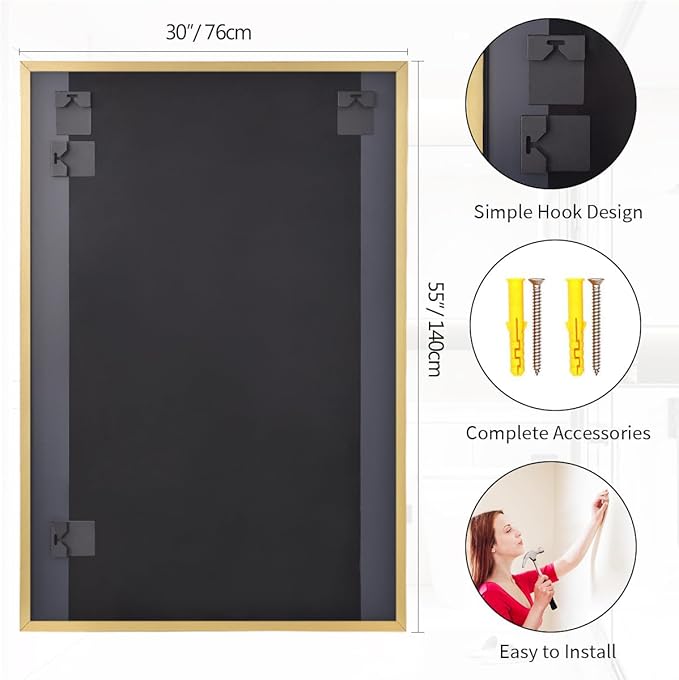 Koonmi Gold Mirrors for Wall, 30x55 Inch Bathroom Mirror, Rectangular Wall Mirror for Living Room Bedroom Bathroom, Hangs Horizontally or Vertically