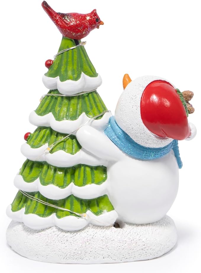 Hodao Christmas Tree Figurine Decorations — Lighted Hand-Painted Resin Snowman with Cardinal, Tabletop Decor for Family or Friends | Mantel, Shelf, Living Room Display