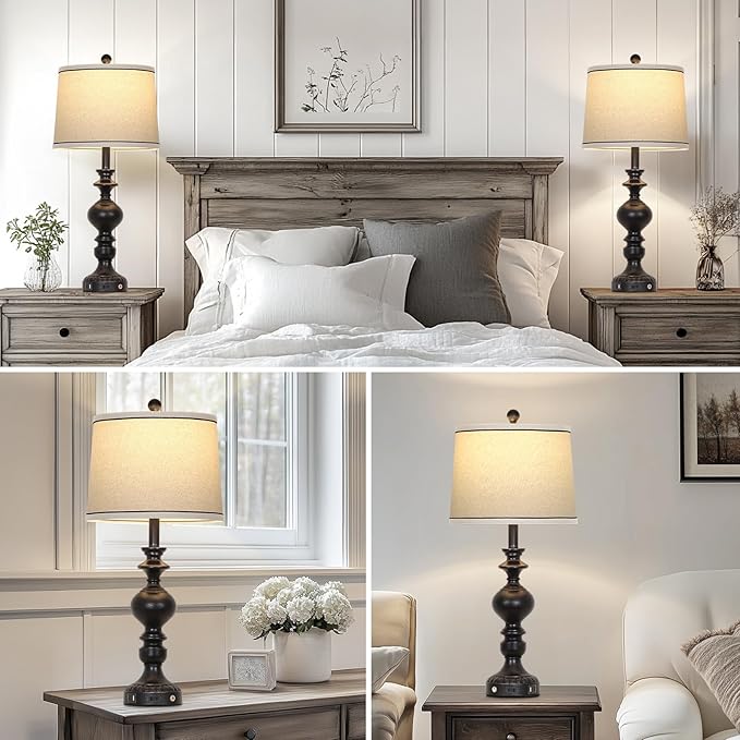 28" Black Farmhouse Table Lamps Set of 2, Rustic Lamp for Living Room with USB C+A Ports & AC Outlet, 3 Way Touch Control Resin Bedside Lamps, Retro Bedroom Lamp for Nightstand Side End Table Desk
