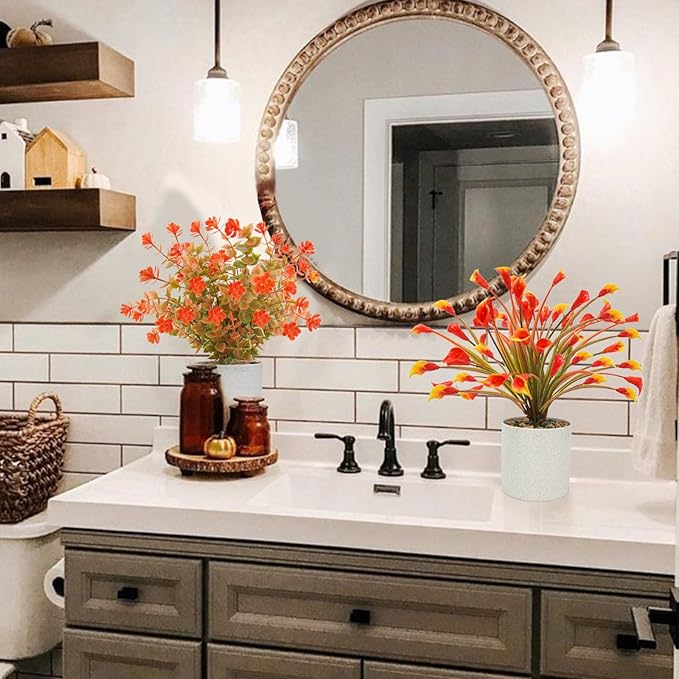 4 Pcs Small Potted Artificial Plants 10inch Fake Fall Plants in Pots Mini Faux Fall Flowers with Pots for Indoor Home Bathroom Bedroom Office Shelf Tabletop Fall Decor