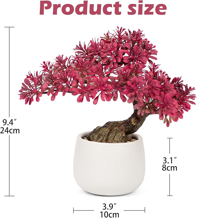 DILATATA Fake Bonsai Tree Zen Juniper Bonsai Plant 10” Tall Artificial Bonsai Trees with White Ceramic Pot Decorated with Pebbles Desk Plant Indoor Bonsai for Home Office Decor Pink