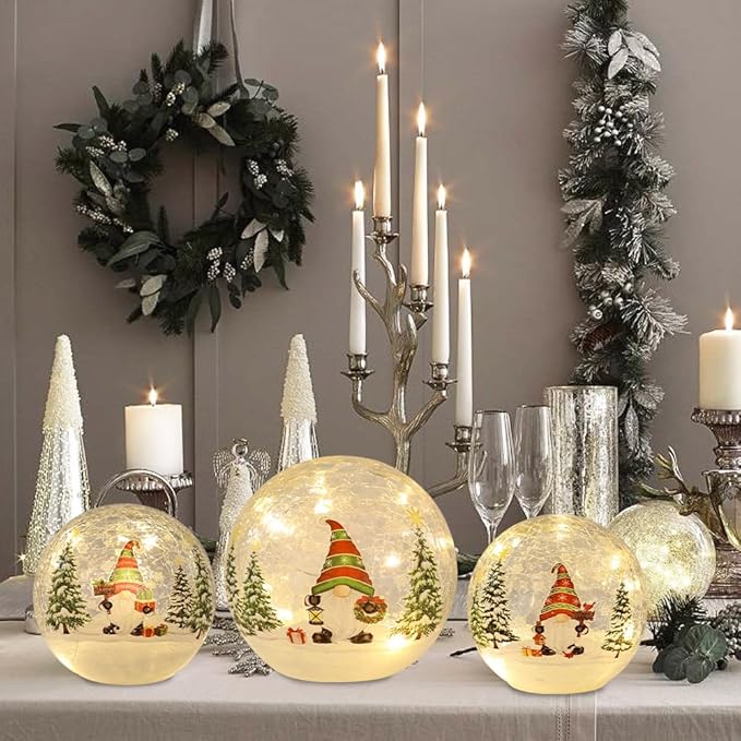 PHITRIC Christmas Decorations Indoor, 3 PCS Sparkling Christmas Gnomes Globes with LED Lights and Timer, Xmas Table Decor Centerpieces Crackle Glass Ball for Fireplace, Home, Tabletop, Mantel, Shelf
