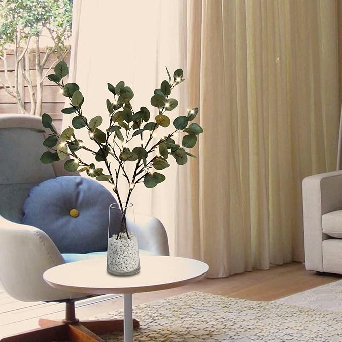 Lighted Eucalyptus Branches, 32 Inch Branches with 32 LED Lights, Battery Powered Eucalyptus Branches for Vases, Prelit Tree Braches for Home Wedding Indoor Outdoor Spring Decorations, Timer