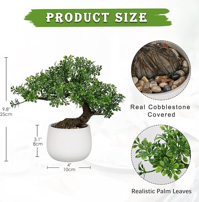 DILATATA Fake Bonsai Tree Zen Juniper Bonsai Plant 9” Tall Artificial Bonsai Trees with White Ceramic Pot Decorated with Pebbles Desk Plant Indoor Bonsai for Home Office Decor