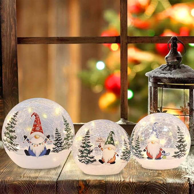 YEAHOME Christmas Decorations Indoor, 3 Pcs Lighted Gnomes Christmas Snow Globes Home Decor, Christmas Table Decorations LED Crackle Glass Ball with Timer for Living Room Fireplace Tabletop