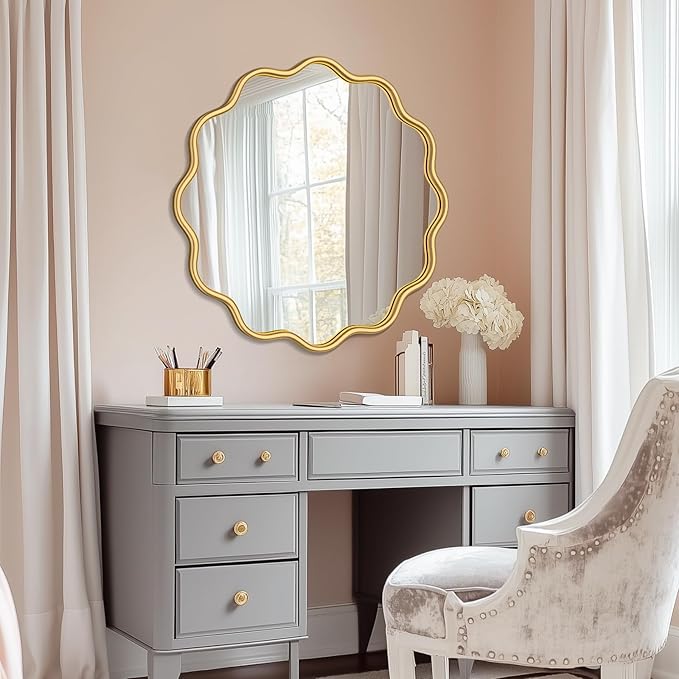 PROHOMEWARE Gold Round Mirror 30 Inch Wavy Bathroom Vanity Mirror Gold Frame Modern Wall Mirror Decorative Wall-Mounte Anti-Rust, Tempered Glass