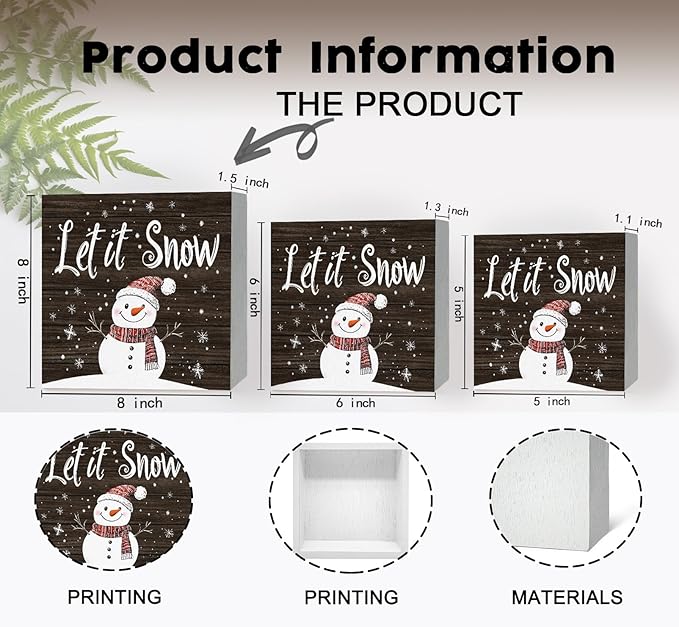 Let It Snow Sign, Christmas Snowman Snowflake Wooden Box Sign, Snowman Christmas Decorations, Winter Wood Signs for Home Office Desk Table Shelf Decor, 8x8 Inch