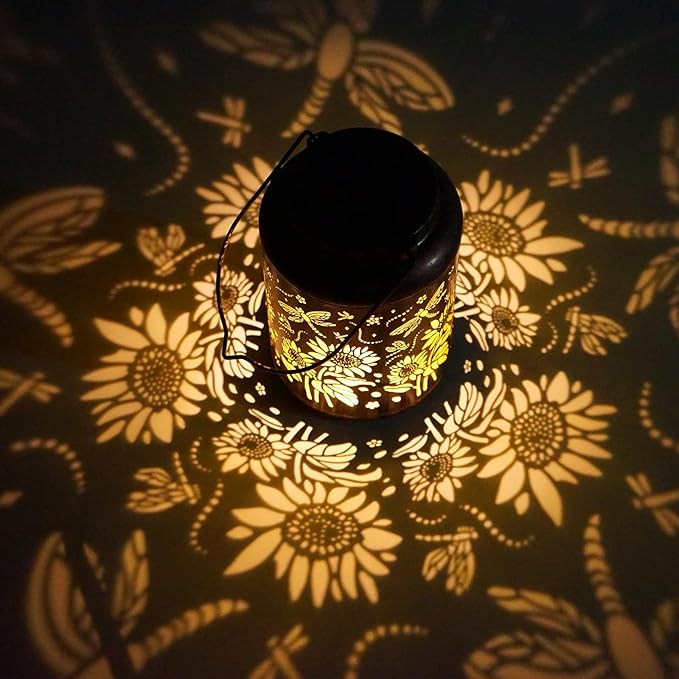 Solar Lanterns, Hanging Solar Lights for Outside, Dragonfly Sunflower Outdoor Lantern, Waterproof Garden Decor for Porch, Yard, Deck, Lawn, Backyard, Patio, Tabletop, Pathway, Landscape