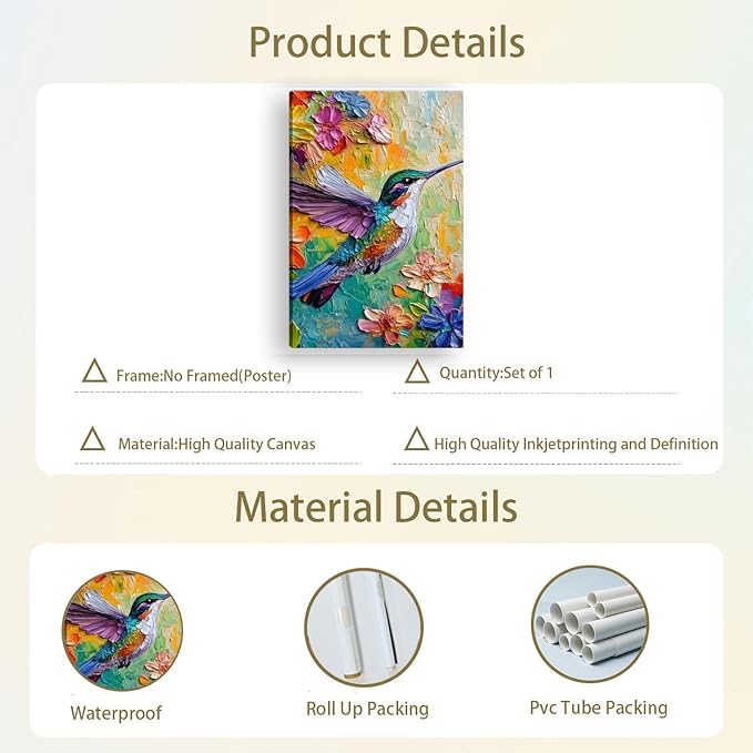 2D No Texture Colorful Painting Hummingbird Canvas Wall Art, Spring Flower Wall Decor, Cute Hummingbird Poster Picture for Wall Living Room Bathroom Bedroom Home Decoration 12*18 in (Poster No Frame)