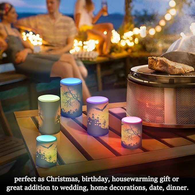 ALAZA Orange Halloween Castle Bat Flickering Flameless Candles Battery Operated with Remote Timer,Tea Light Candles LED Pillar Votive Candles Set of 2 for Outdoor Indoor Decorations 14