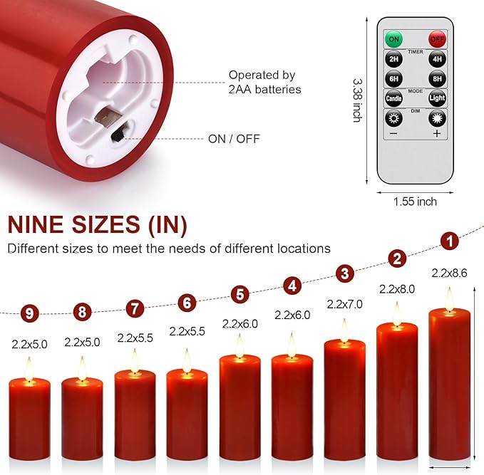 Flameless Flickering Battery Operated Candles 9PACK Real Wax Pillar LED Candles with 10-Key Remote Control and 24 Hours Timer for Wedding, Party, Home Decoration (Red)