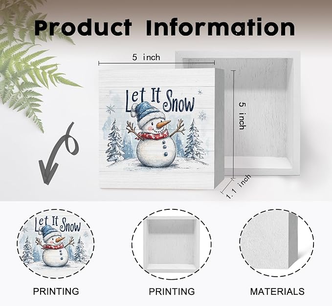 Let It Snow Sign, Christmas Snowman Wooden Box Sign, Farmhouse Winter Wood Signs For Home Office Desk Shelf Table Decor, Snowman Christmas Decorations, Winter Home Decor, 5x5 Inch