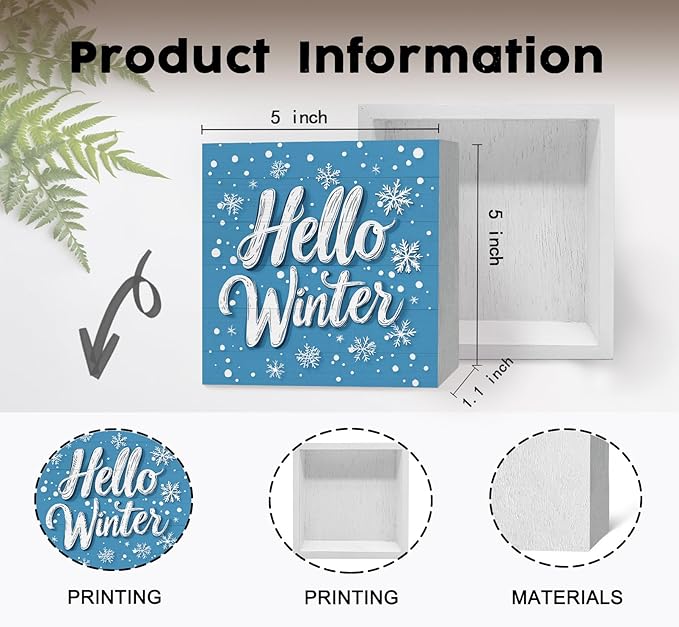 Hello Winter Sign, Blue Winter Snowflake Wooden Box Sign, Blue Christmas Decorations, Farmhouse Christmas Wood Signs for Home Office Desk Table Shelf Decor, 5x5 Inch