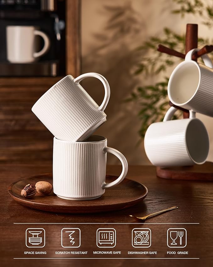 famiware Coffee Mug Set for 6, Star 16 oz Catering Mugs Cup Set with Handle for Coffee, Tea, Cocoa, Milk - Ceramic Stoneware Drinkware Set, Matte White