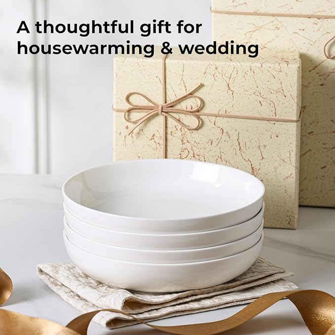 YHY Pasta Bowls Set of 4, 22 oz Ceramic Salad Plates, 7.8 Inch Wide Shallow Porcelain Dishes for Dinner, Microwave & Dishwasher Safe, White