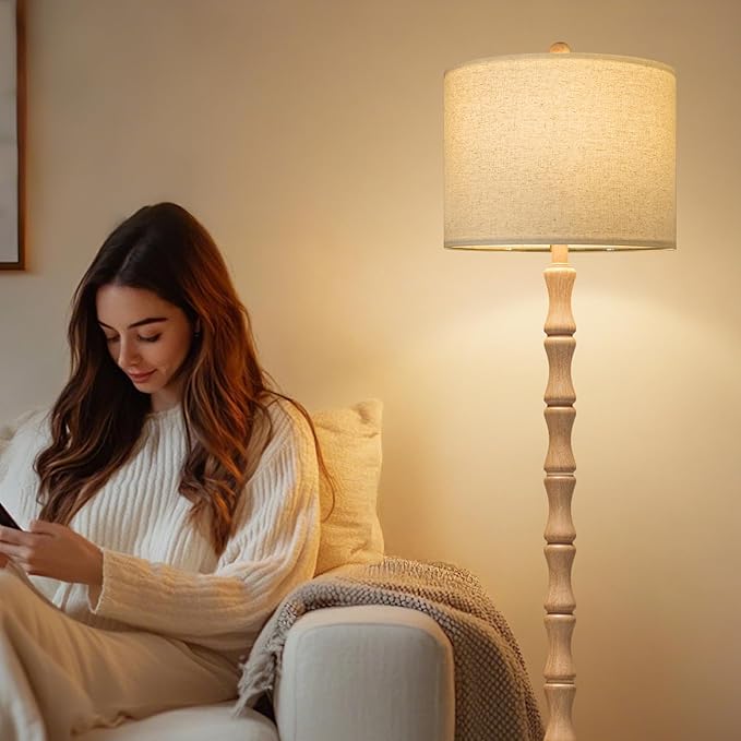 BOBOMOMO 62" Rustic Farmhouse Floor Lamp with Remote & Dimmable 9W Bulb, 3 Color Temperatures Resin Standing Lamp, Retro Corner Tall Lamp for Living Room, Bedroom, Nursery, Office, Reading Nock