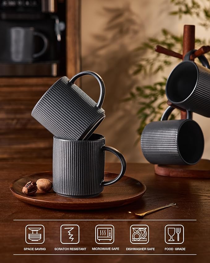 famiware Coffee Mug Set for 4, Star 16 oz Catering Mugs Cup Set with Handle for Coffee, Tea, Cocoa, Milk - Ceramic Stoneware Drinkware Set, Matte Dark Charcoal