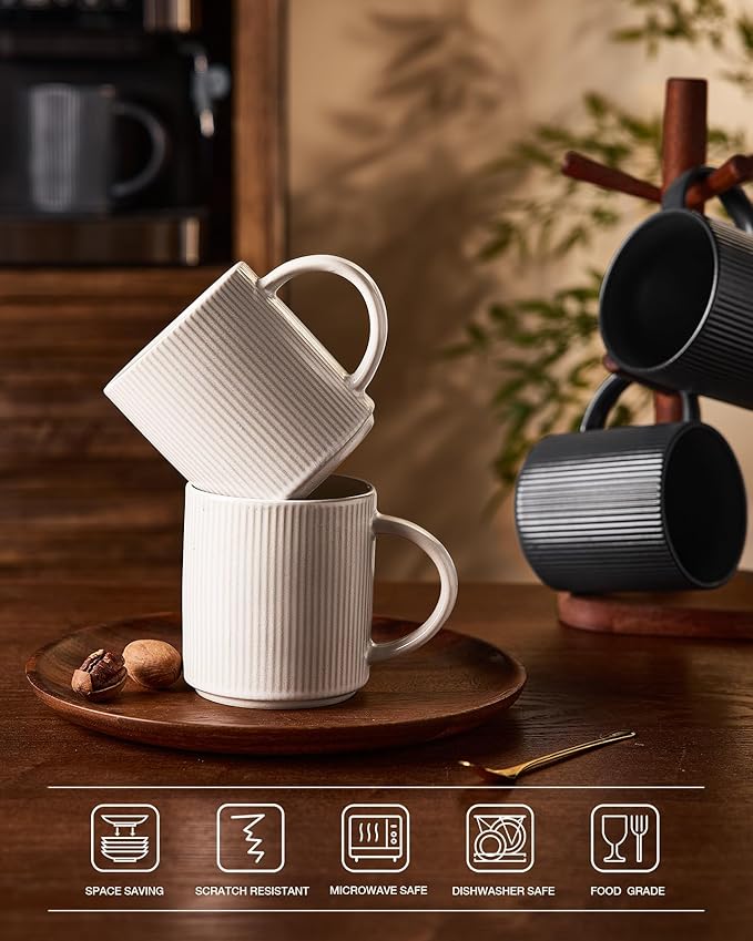 famiware Coffee Mug Set for 4, Star 16 oz Catering Mugs Cup Set with Handle for Coffee, Tea, Cocoa, Milk - Ceramic Stoneware Drinkware Set, Matte White + Matte Dark Charcoal