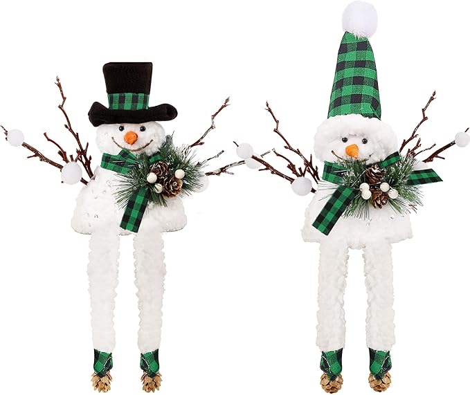 Lulu Home Christmas Snowman Decorations, Set of 2 Plush Shelf Sitters with Dangling Legs, Black & Green Checked Snowman Ornaments for Table Mantel Desk Fireplace Home Holiday Decor