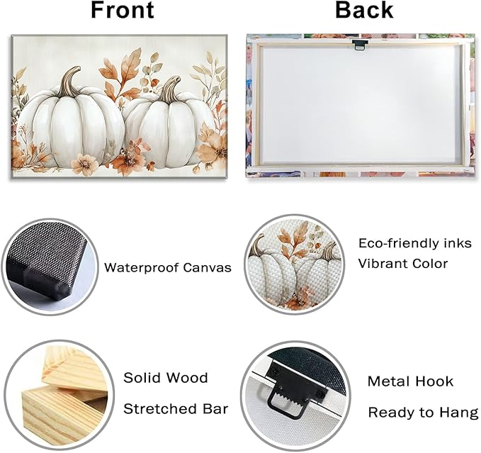 Fall Canvas Wall Art White Pumpkin Picture Wall Decor Maple Leaf Prints Autumn Harvest Thanksgiving Vintage Painting for Home Decor Framed(Picture-2,12.00"x18.00")