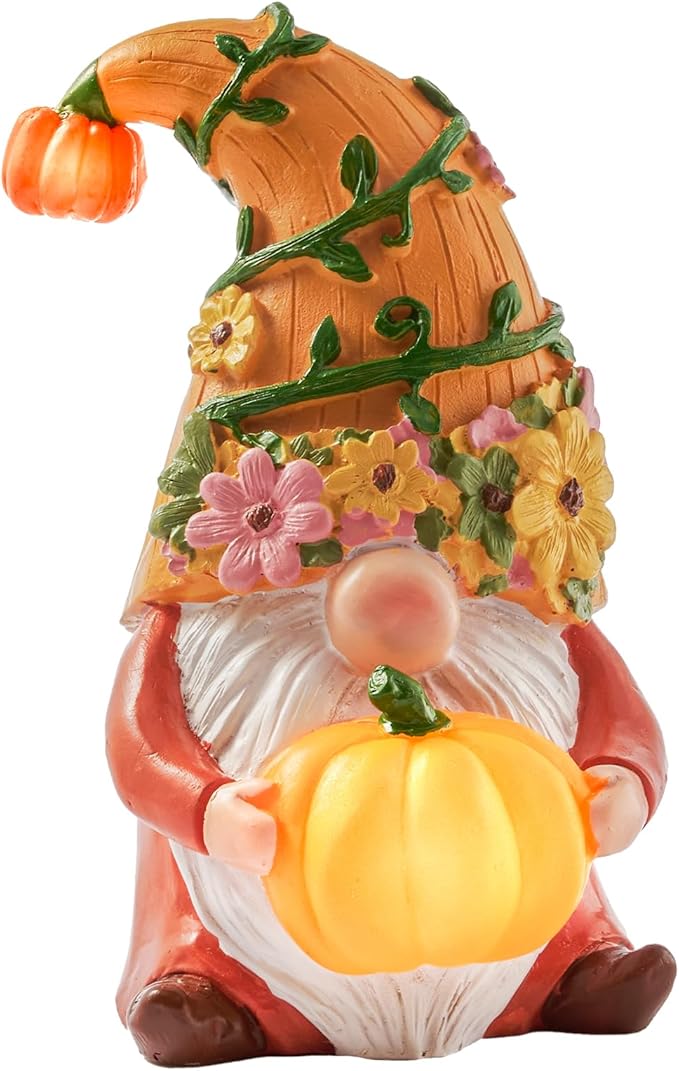 RM ROOMERS Fall Decor Gnome Figurine Decorations with LED Pumpkins, Orange Gnome for Autumn Table Decor, Small Gnome Statue for Table Centerpiece Tiered Tray Thanksgiving Decoration