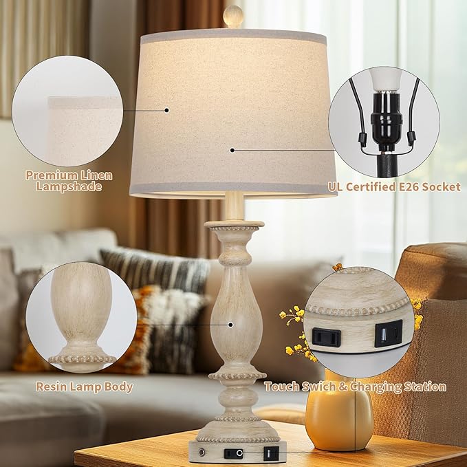 28" Tall Farmhouse Table Lamps for Living Room Set of 2,Vintage Rustic Beige Bedside Touch Lamp with USB C+A Ports & AC Outlet, 3-Way Dimmable Resin Nightstand Lamp for Bedroom Entryway Office
