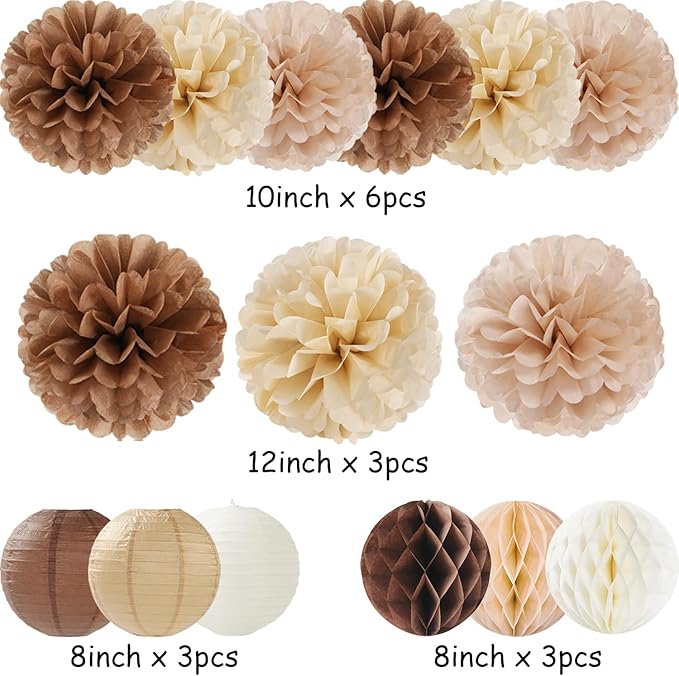 Boho Brown Champagne Beige Paper Flowers Tissue Pom Poms Honeycomb Lanterns 15pcs Party Decorations Fall Thanksgiving Rustic Wedding Baby Shower Neutral Birthday Autumn Hanging Supplies Decor