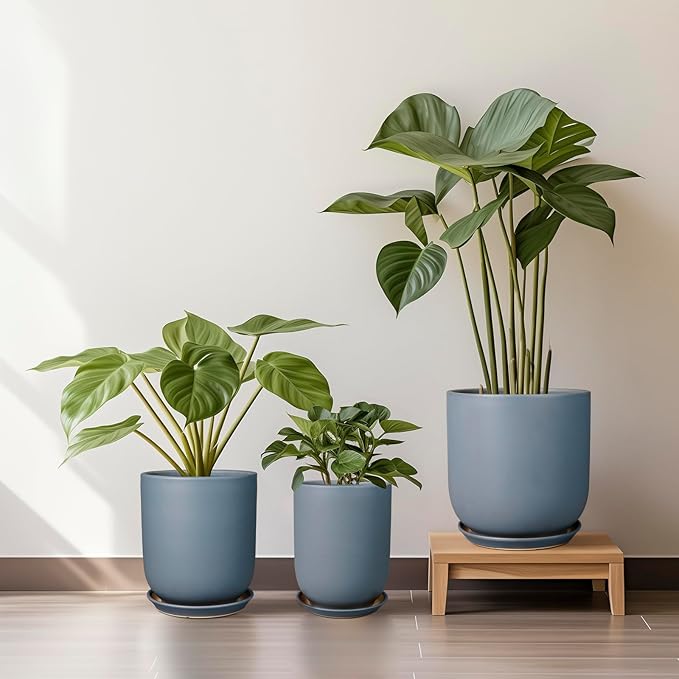 10 Inch Plant Pot - Ceramic Pot for Indoor Plants Outdoor Planter Large Flower Pot with Drainage Hole and Saucer Cylinder Gray