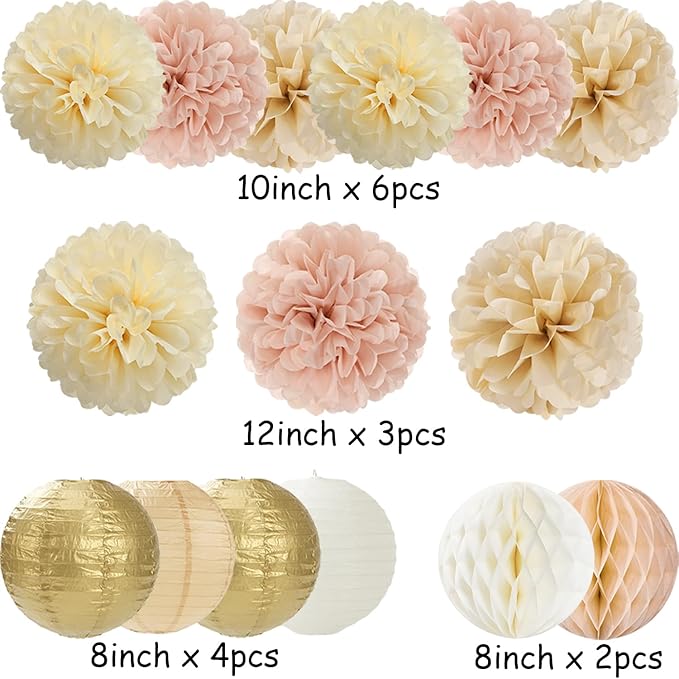 Champagne Gold Beige Paper Flowers Tissue Pom Poms Honeycomb Lanterns 15pcs Party Decorations Boho Fall Rustic Birthday Baby Bridal Shower Neutral Autumn Wedding Bridal Hanging Decor Mprocherify