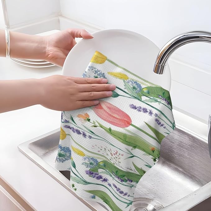 Spring Floral Kitchen Towels Dish Towels 16x24 Inch, Tulip Lavender Flower Decorative Hand Towels Set of 2 Holiday Seasonal Decoration Absorbent Dish Cloths for Home Kitchen Dining