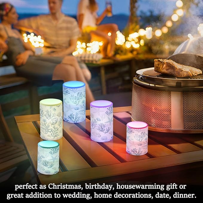 ALAZA Coastal Sea Star Coral Nautical Flickering Flameless Candles Battery Operated with Remote Timer,Tea Light Candles LED Pillar Votive Candles Set of 2 for Outdoor Indoor Decorations