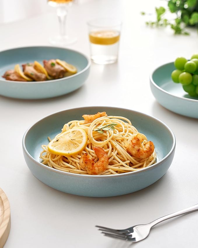 famiware Milkyway Pasta Bowls Set of 4, 8.5" Large Salad Bowls, Double Reactive Glaze, Sturdy & Stackable, Ideal for Housewarming, Festivals, Light Blue