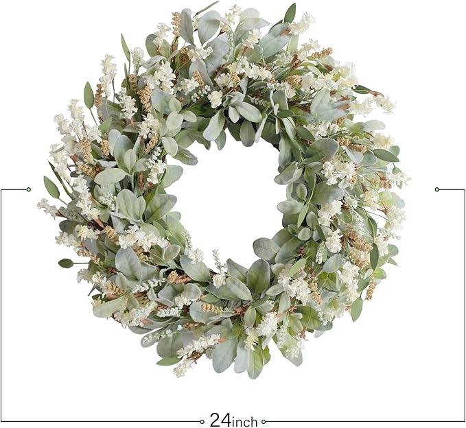 24 Inch Summer Spring Ivory Flowers Wreath for Front Door, Everyday Lamb Ears Leaves Wreath with White Artificial Flower for Indoor and Outdoor, Rustic and Farmhouse Greenery Flower