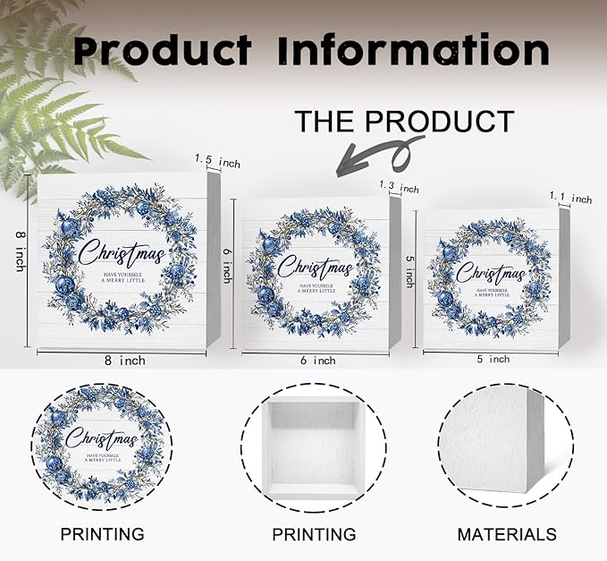 Have Yourself a Merry Little Christmas Sign, Blue Christmas Wreath Wooden Box Sign, Christma Wreath Decorations, Christma Wood Signs for Home Office Desk Shelf Table Decor, 6x6 Inch