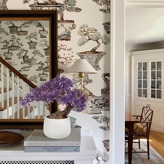 DILATATA Fake Bonsai Tree Zen Juniper Bonsai Plant 10” Tall Artificial Bonsai Trees with White Ceramic Pot Decorated with Pebbles Desk Plant Indoor Bonsai for Home Office Decor Purple