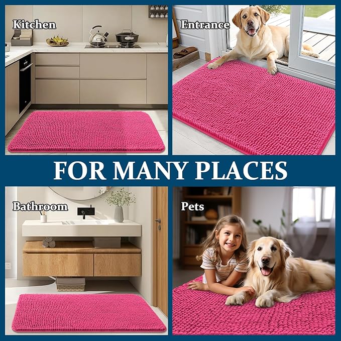 OLANLY Dog Door Mat for Muddy Paws 30x17, Absorbs Moisture and Dirt, Absorbent Non-Slip Washable Doormat, Quick Dry Chenille Mud Mat for Dogs, Entry Indoor Entryway Carpet for Inside Floor, Hot Pink