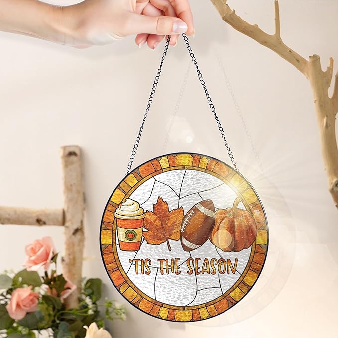 FLAGWIX Fall Decorations for Home - Stained Glass Window Hanging 8in - Autumn Sun Catchers Indoor Window, Fall Gifts for Women Men, Thanksgiving Decorations Sun Catcher, Thanksgiving Gifts for Mom Dad