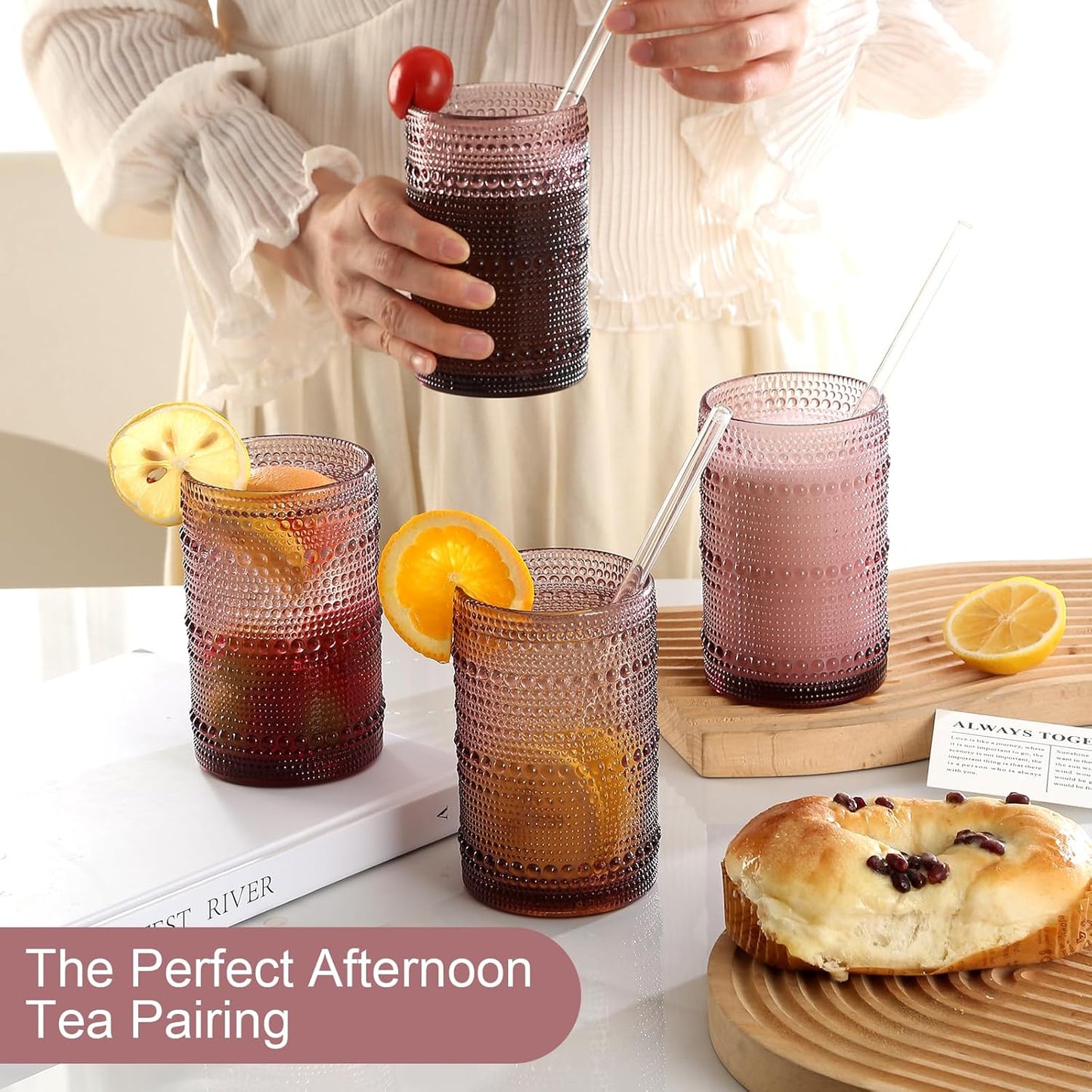 Vintage Hobnail Drinking Glasses Set of 8,Purple 12 oz & 15oz Highball Glass Cups, Kitchen Drinkware Glassware,Embossed Water Tumbler,for Beer,Cocktail,Whiskey,Juice and Various Mixed Drinks