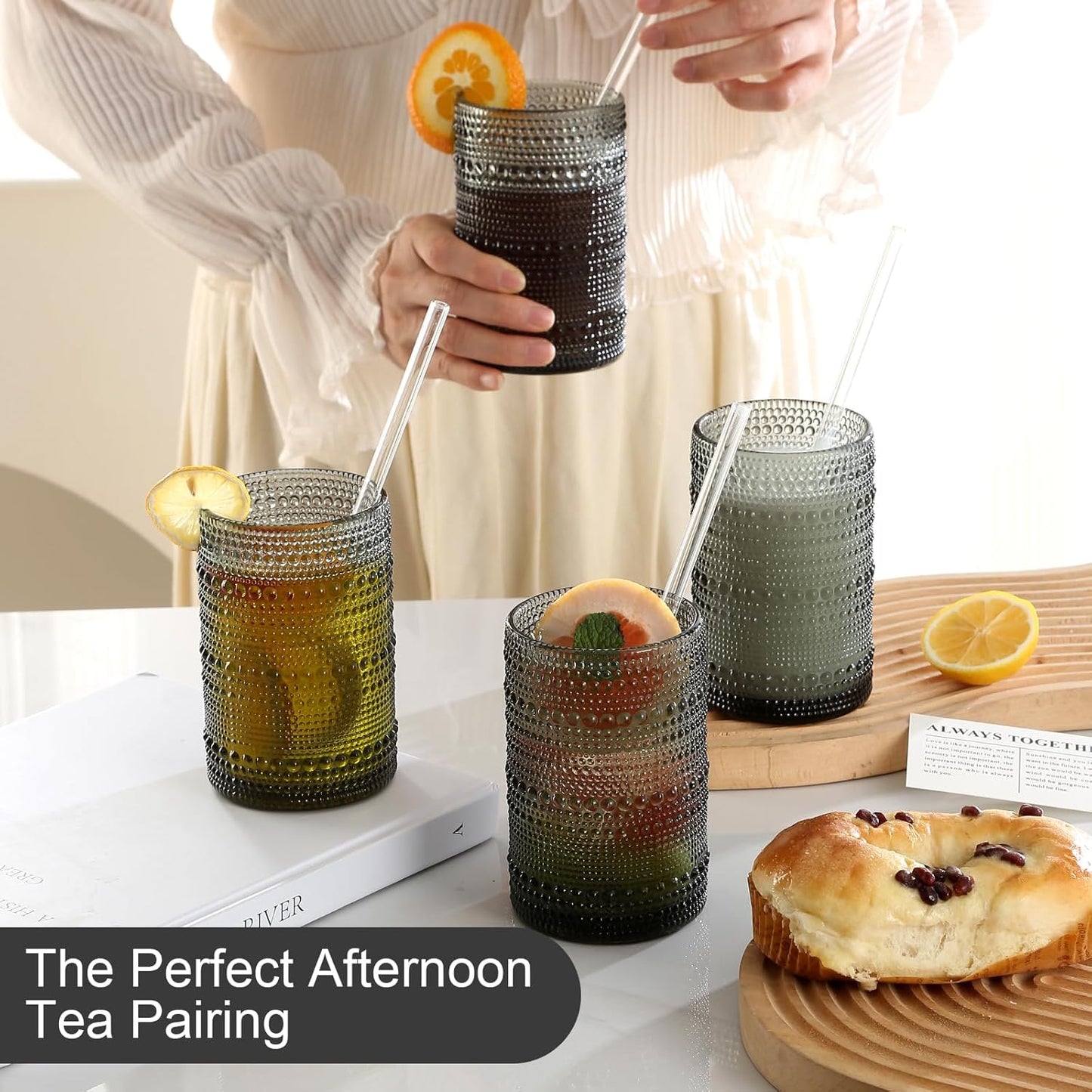 Vintage Hobnail Drinking Glasses Set of 8,Grey 12 oz & 15oz Highball Glass Cups, Kitchen Drinkware Glassware,Embossed Water Tumbler,for Beer,Cocktail,Whiskey,Juice and Various Mixed Drinks