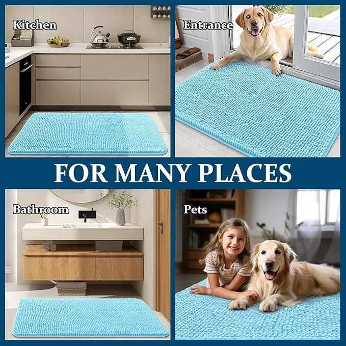 OLANLY Dog Door Mat for Muddy Paws 59x35, Absorbs Moisture and Dirt, Absorbent Non-Slip Washable Doormat, Quick Dry Chenille Mud Mat for Dogs, Entry Indoor Entryway Carpet for Inside Floor, Blue