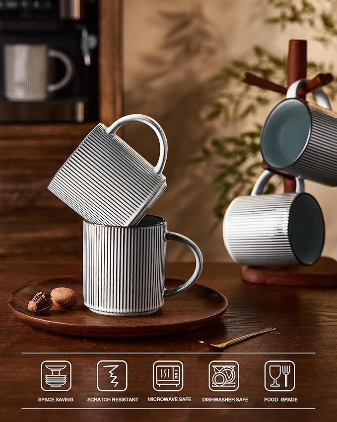 famiware Coffee Mug Set for 4, Star 16 oz Catering Mugs Cup Set with Handle for Coffee, Tea, Cocoa, Milk - Ceramic Stoneware Drinkware Set, Smoky Blue